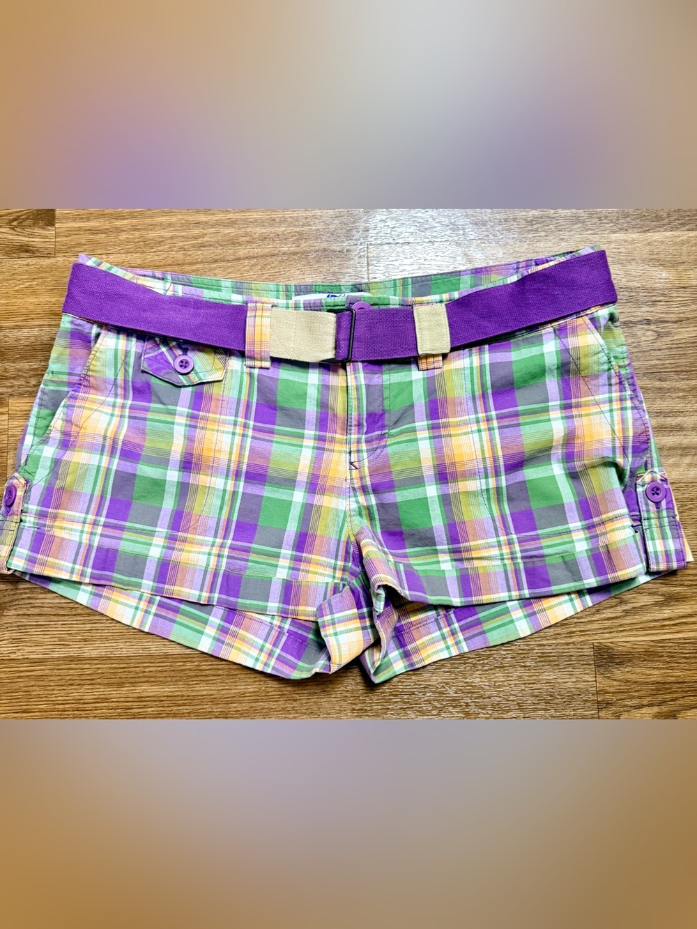 Y2K low rise preppy plaid shorts Piper & Blue purple and yellow plaid NWOT 9 med